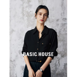 Basic House/百家好法式黑色襯衫女夏季新款高級緞面曡穿打底上衣