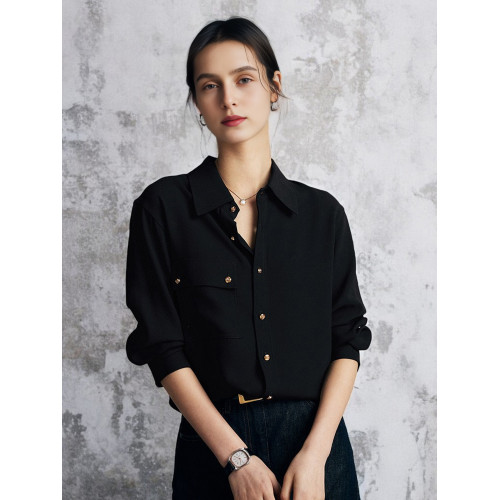 Basic House/百家好法式黑色襯衫女夏季新款高級緞面曡穿打底上衣