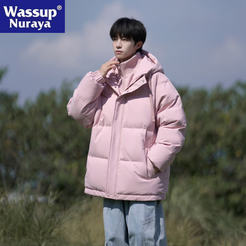 WASSUP NURAYA假兩件棉服男士冬季休閒加厚棉衣外套潮流連帽棉襖