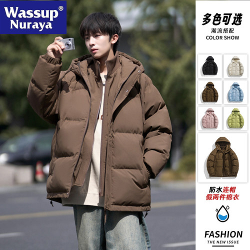 WASSUP NURAYA假兩件棉服男士冬季休閒加厚棉衣外套潮流連帽棉襖