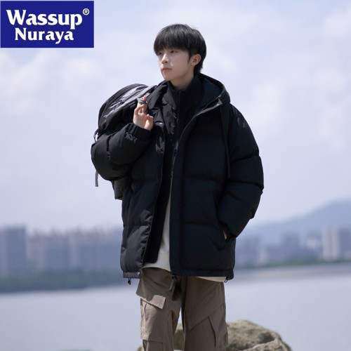 WASSUP NURAYA假兩件棉服男士冬季休閒加厚棉衣外套潮流連帽棉襖