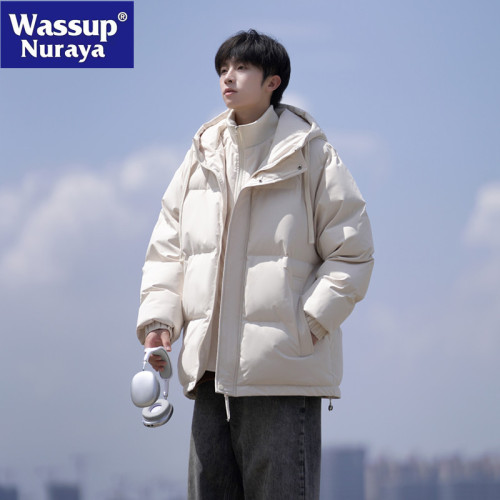 WASSUP NURAYA假兩件棉服男士冬季休閒加厚棉衣外套潮流連帽棉襖