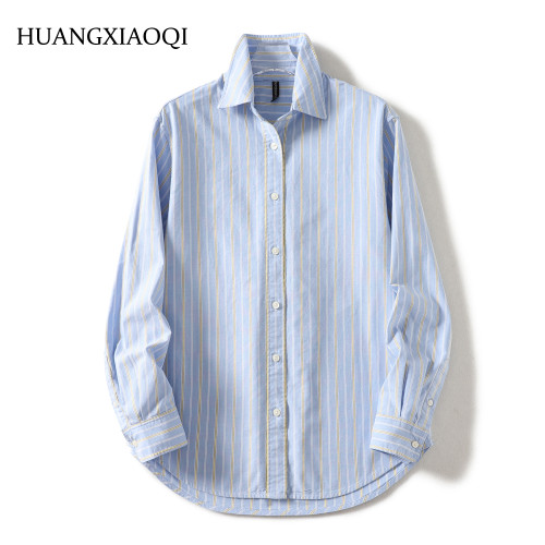 Huangxiaoqi Cowboy春秋純棉牛津紡竪條紋女士長袖襯衫打底衫襯衣