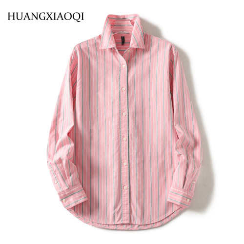 Huangxiaoqi Cowboy春秋純棉牛津紡竪條紋女士長袖襯衫打底衫襯衣