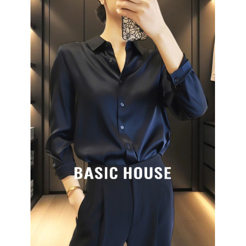 Basic House/百家好藏藍色緞面襯衫女2025夏季新款POLO領打底襯衣