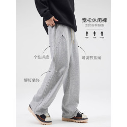 2025直筒衛褲男春季美式高街褶皺繖兵褲寬松濶腿運動休閒長褲子