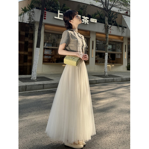2025夏季新款紗裙白色網紗半身裙女垂墜感a字高腰長裙大擺蓬蓬裙