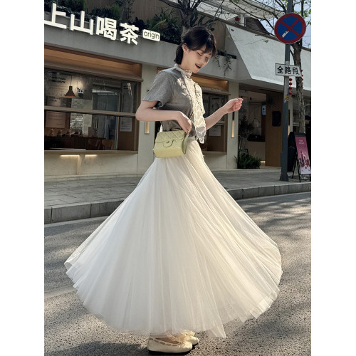 2025夏季新款紗裙白色網紗半身裙女垂墜感a字高腰長裙大擺蓬蓬裙
