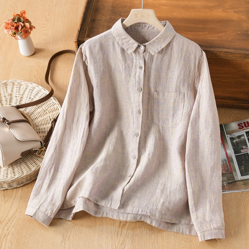 享永子【人靜小庭深院】24支色織漢麻襯衫女文藝復古寬松上衣春夏