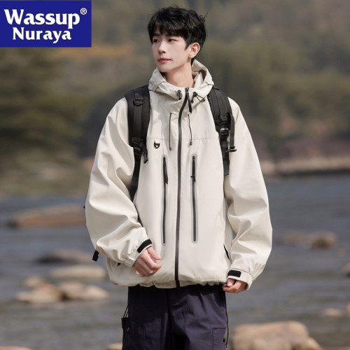 WASSUP NURAYA春秋潮牌戶外連帽沖鋒衣男士寬松情侶休閒夾克外套