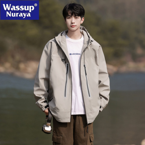 WASSUP NURAYA春秋潮牌戶外連帽沖鋒衣男士寬松情侶休閒夾克外套