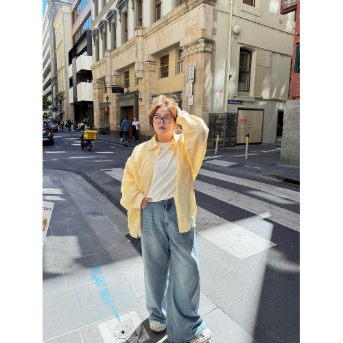 老章和小胖PONGKIKI小蛋黃襯衫女大碼寬鬆oversize顯瘦竪條紋襯衣