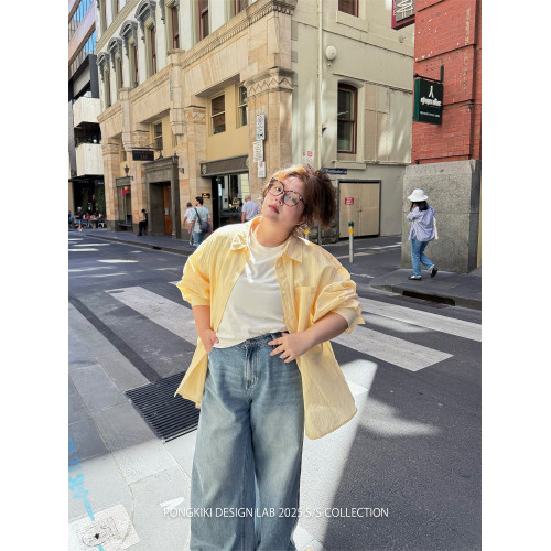 老章和小胖PONGKIKI小蛋黃襯衫女大碼寬鬆oversize顯瘦竪條紋襯衣