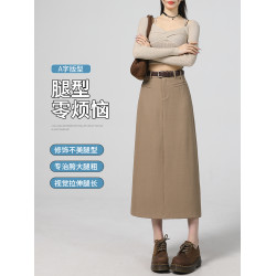 拉夏貝爾咖色開叉半身裙女春夏2025新款高腰遮胯a字中長款西裝裙