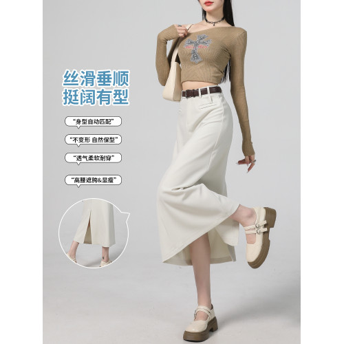 拉夏貝爾咖色開叉半身裙女春夏2025新款高腰遮胯a字中長款西裝裙