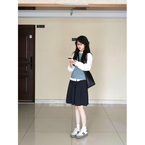 藏青色松緊腰半裙女春秋夏款百搭學院風繖裙小個子a字裙高腰中裙