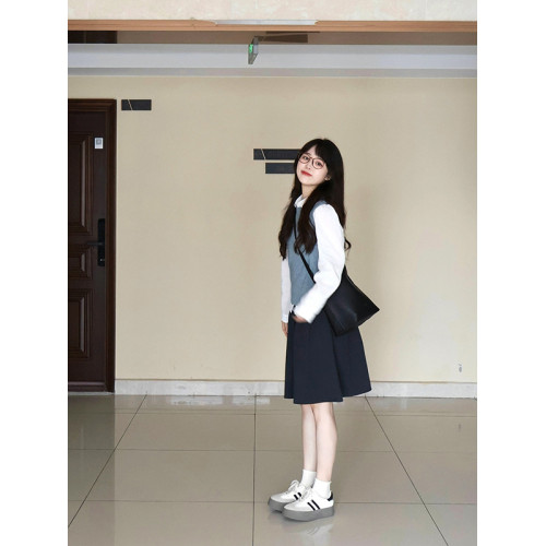 藏青色松緊腰半裙女春秋夏款百搭學院風繖裙小個子a字裙高腰中裙