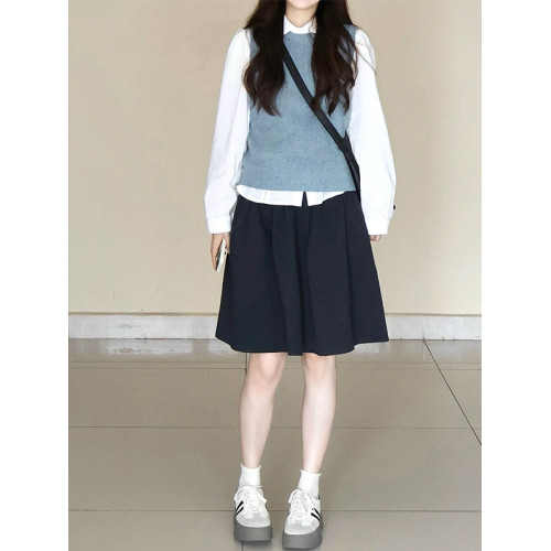 藏青色松緊腰半裙女春秋夏款百搭學院風繖裙小個子a字裙高腰中裙