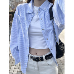 韓系藍色條紋小狗刺綉襯衫外套女夏季新款透氣防曬高級感長袖襯衣