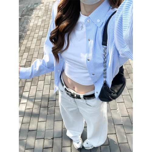 韓系藍色條紋小狗刺綉襯衫外套女夏季新款透氣防曬高級感長袖襯衣