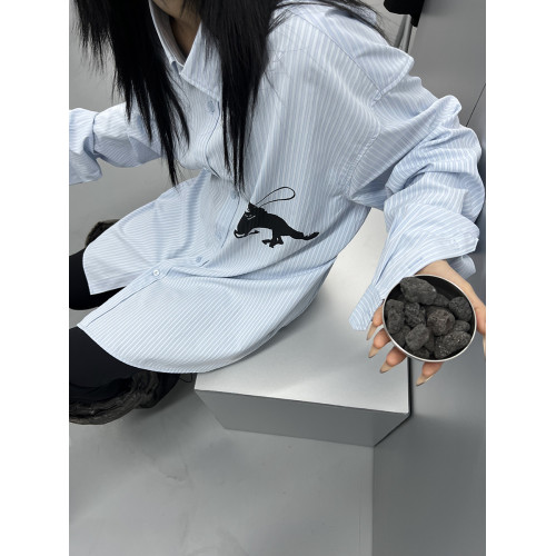 美伢FUZZYKON 原創設計 翻領簡潔馬術印花寬松藍條紋襯衫