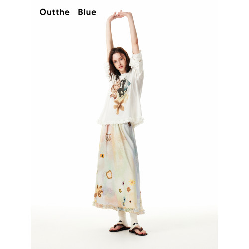 【趙晴同款】Outthe Blue莫奈貓咪花園春日碎花長款大擺半身裙女