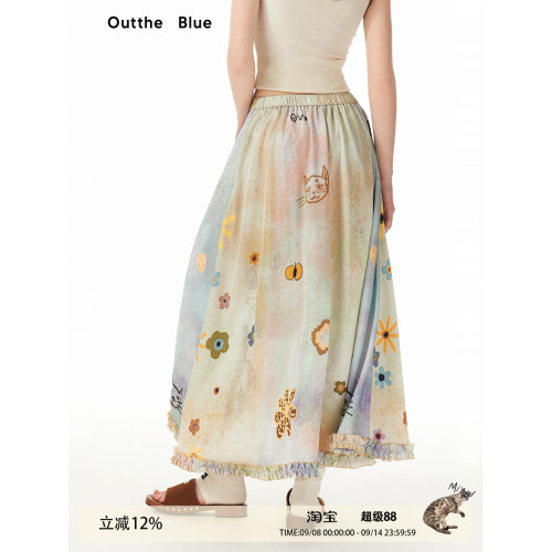【趙晴同款】Outthe Blue莫奈貓咪花園春日碎花長款大擺半身裙女