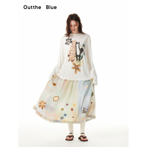 【趙晴同款】Outthe Blue莫奈貓咪花園春日碎花長款大擺半身裙女