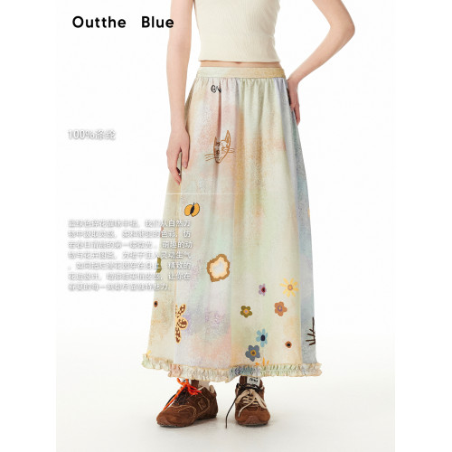 【趙晴同款】Outthe Blue莫奈貓咪花園春日碎花長款大擺半身裙女