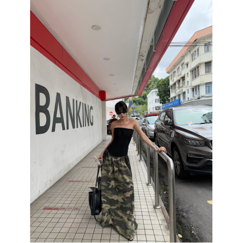 ROY11美式復古迷彩三條杠拼接半身裙女設計感松緊高腰顯瘦長裙新