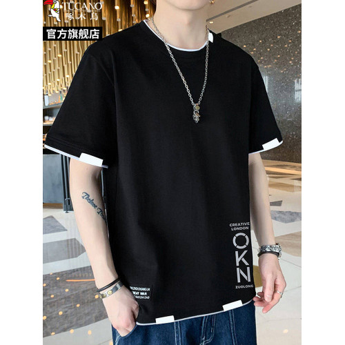 啄木鳥2025夏季新款純棉假兩件短袖t恤男士大碼圓領薄上衣服半袖
