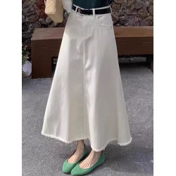 米白色牛仔半身裙女2025新款今年流行大碼胖mm高腰顯瘦毛邊中長裙