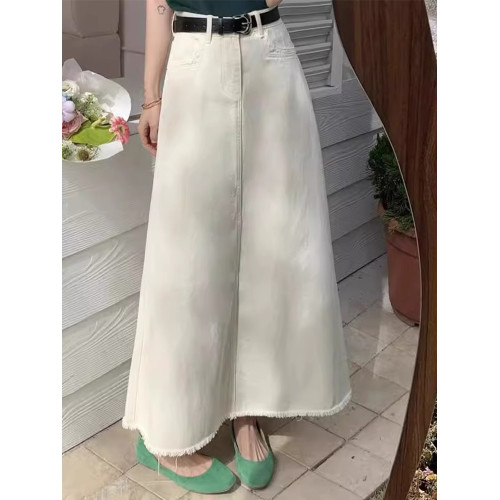 米白色牛仔半身裙女2025新款今年流行大碼胖mm高腰顯瘦毛邊中長裙