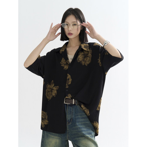 萬有引力博物館 復古港風花襯衫女夏季2025新款寬松短袖襯衣上衣