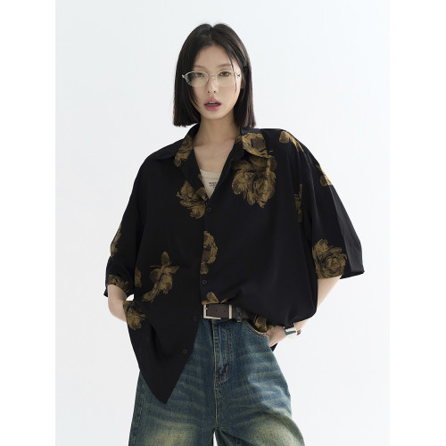 萬有引力博物館 復古港風花襯衫女夏季2025新款寬松短袖襯衣上衣