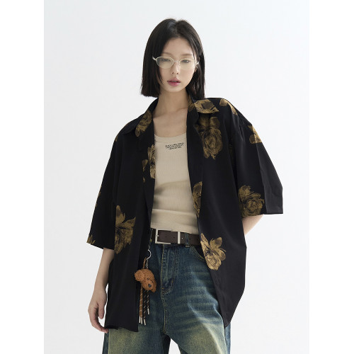 萬有引力博物館 復古港風花襯衫女夏季2025新款寬松短袖襯衣上衣