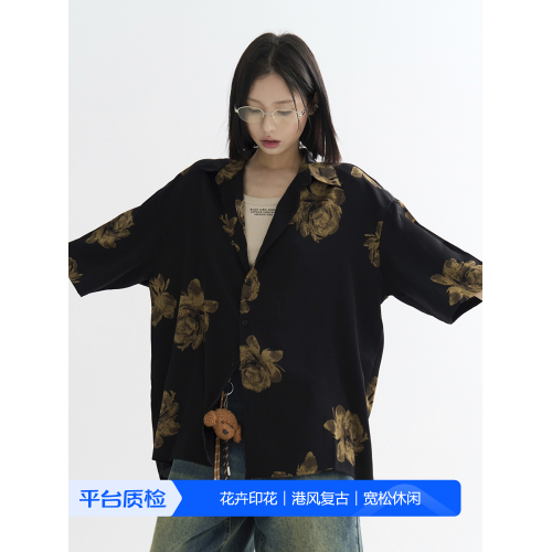 萬有引力博物館 復古港風花襯衫女夏季2025新款寬松短袖襯衣上衣