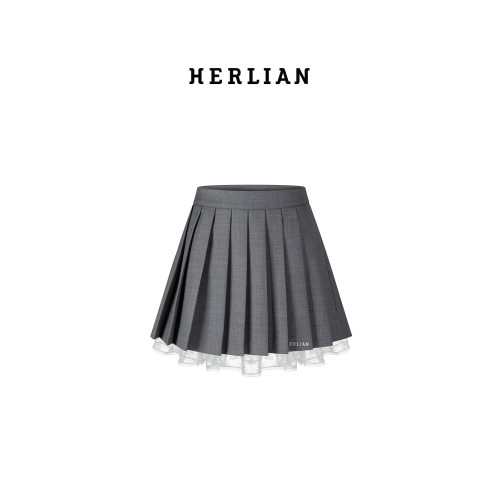 HERLIAN女士百褶短裙蕾絲拼接刺綉半裙牛仔短裙