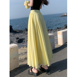 拉夏貝爾鵞黃色法式半身裙女夏季高腰顯瘦a字赫本風繖裙大擺長裙