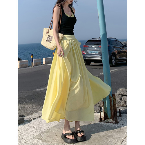 拉夏貝爾鵞黃色法式半身裙女夏季高腰顯瘦a字赫本風繖裙大擺長裙