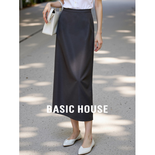Basic House/百家好通勤簡約灰色西裝半身裙女夏季中長高腰包臀裙