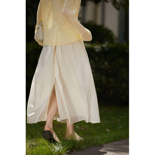 柔光拂夏|桑蠶絲+棉前後開叉設計松緊腰半身裙女A字中長裙夏新の