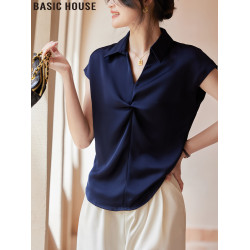Basic House/百家好藍色V領紐結短袖襯衫女夏季薄款冰絲緞面襯衣