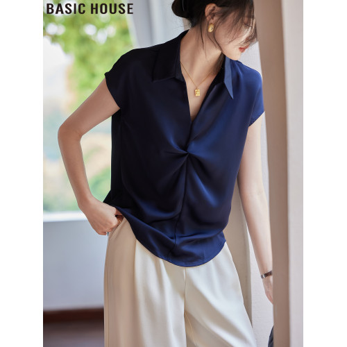 Basic House/百家好藍色V領紐結短袖襯衫女夏季薄款冰絲緞面襯衣