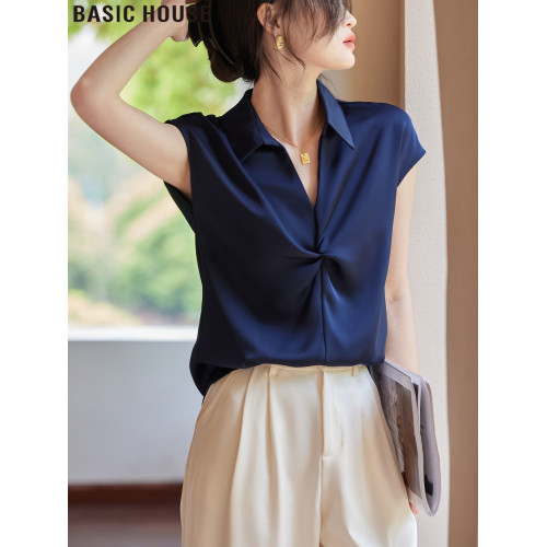 Basic House/百家好藍色V領紐結短袖襯衫女夏季薄款冰絲緞面襯衣