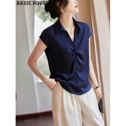 Basic House/百家好藍色V領紐結短袖襯衫女夏季薄款冰絲緞面襯衣