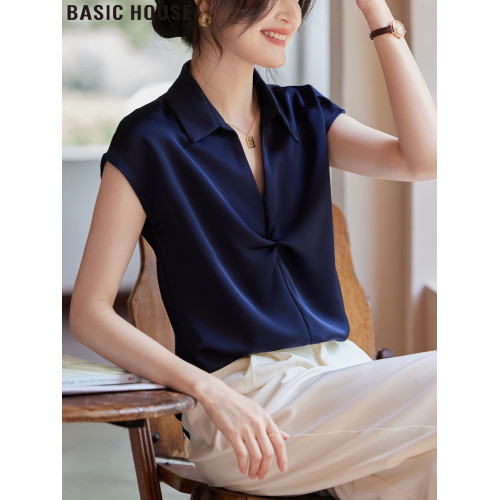 Basic House/百家好藍色V領紐結短袖襯衫女夏季薄款冰絲緞面襯衣