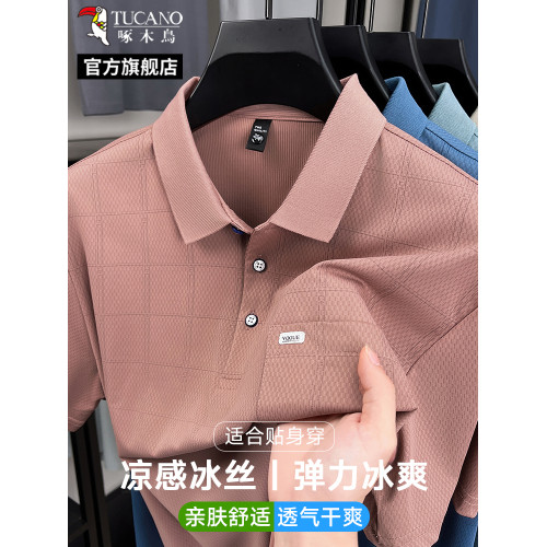 啄木鳥2025新款男士短袖t恤夏季薄款透氣翻領polo衫爸爸裝上衣男C