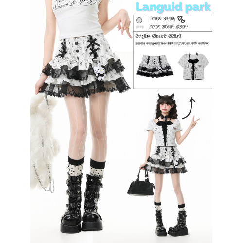 藍鬼公園Languid Park甜妹蕾絲花邊短裙女夏季蓬蓬蛋糕裙小貓裙子