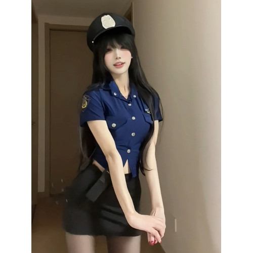 cosplay天花板~辣妹復古性感空姐女警誘惑製服短袖襯衫+包臀短裙